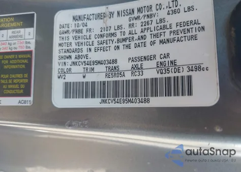 2005 Infiniti G35 z USA, uszkodzony, nr VIN JNKCV54E95M403488